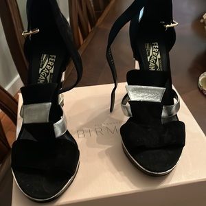 Ferragamo wedges black and silver gently use price is firm